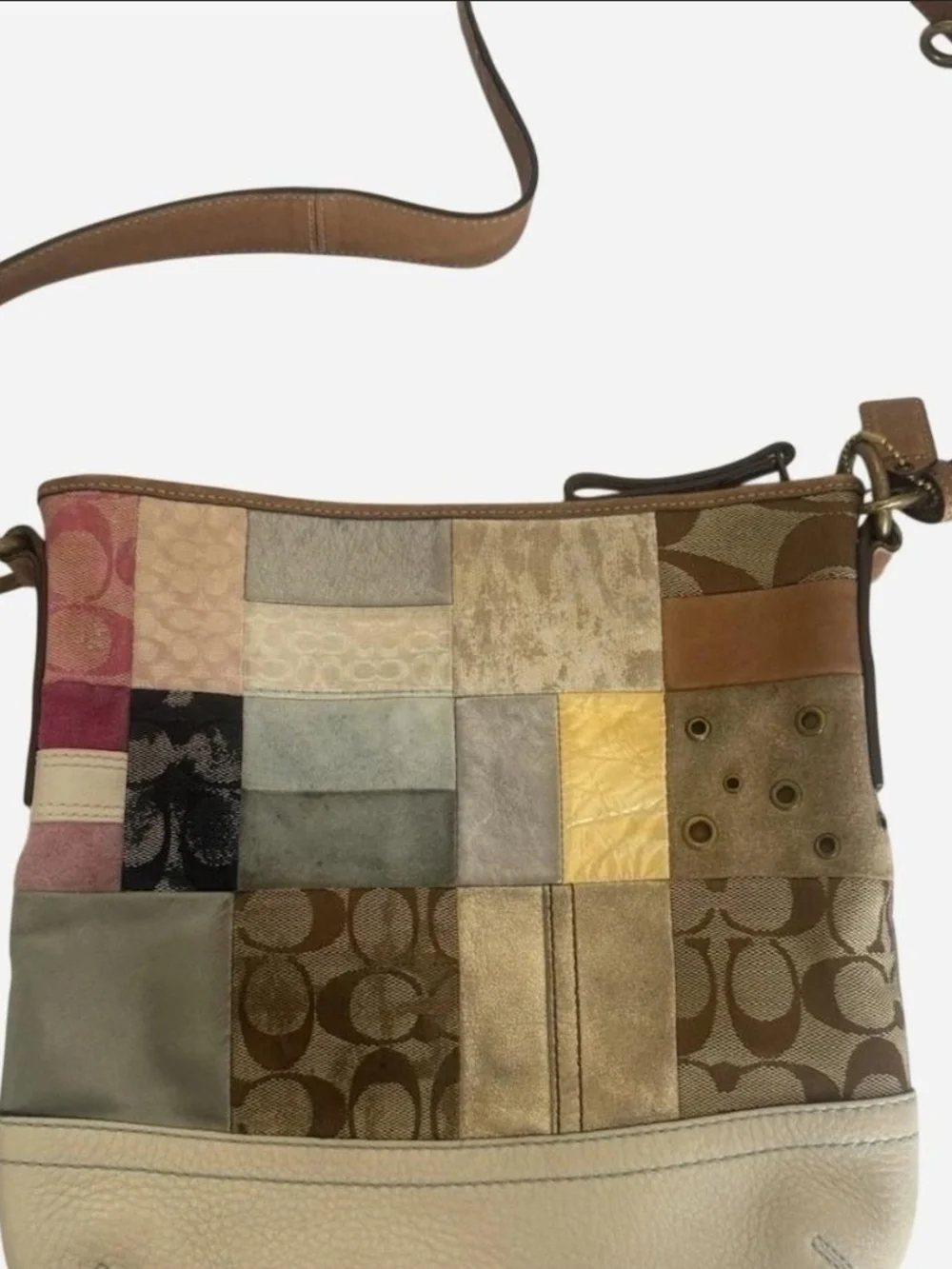 Coach Patchwork Crossbody Bag in Brown, Tan, Cream, Pink and Yellow